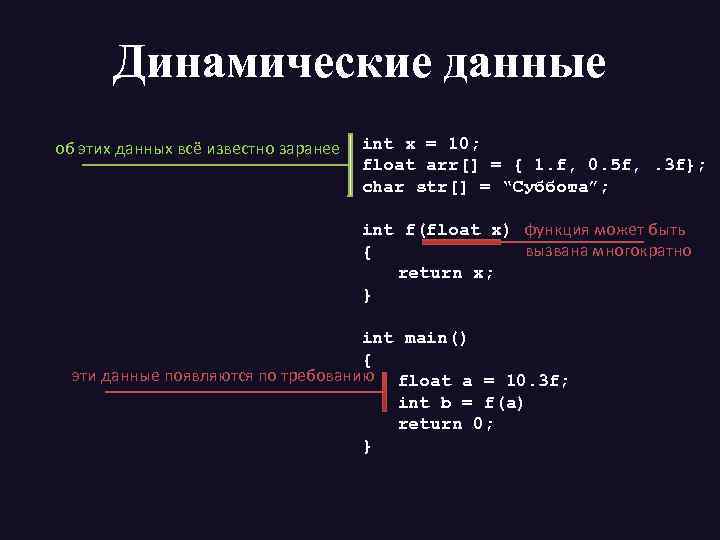 Динамические данные об этих данных всё известно заранее int x = 10; float arr[]