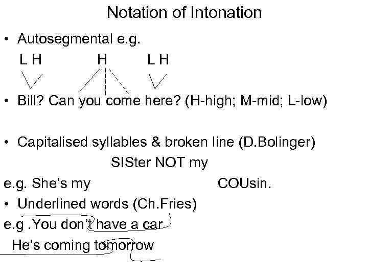 Notation of Intonation • Autosegmental e. g. LH H LH • Bill? Can you