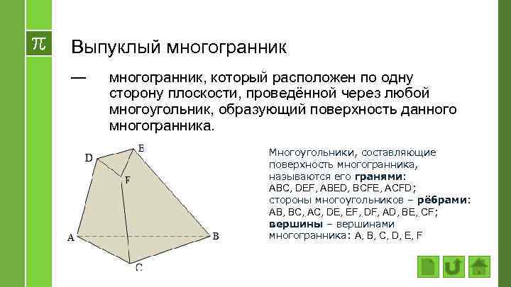 Выпуклый многогранник — многогранник, который расположен по одну сторону плоскости, проведённой через любой многоугольник,