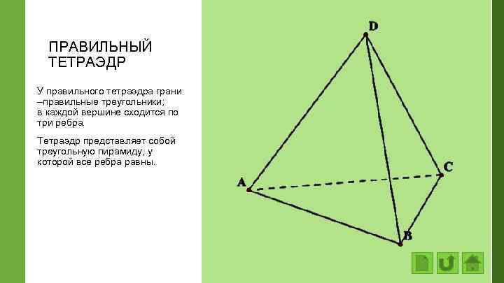 ПРАВИЛЬНЫЙ ТЕТРАЭДР У правильного тетраэдра грани –правильные треугольники; в каждой вершине сходится по три