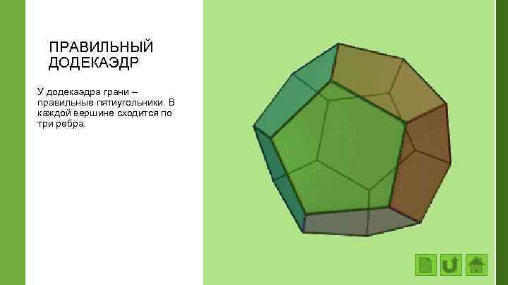 ПРАВИЛЬНЫЙ ДОДЕКАЭДР У додекаэдра грани – правильные пятиугольники. В каждой вершине сходится по три