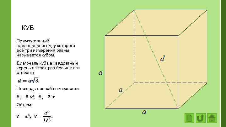 КУБ Прямоугольный параллелепипед, у которого все три измерения равны, называется кубом. Диагональ куба в