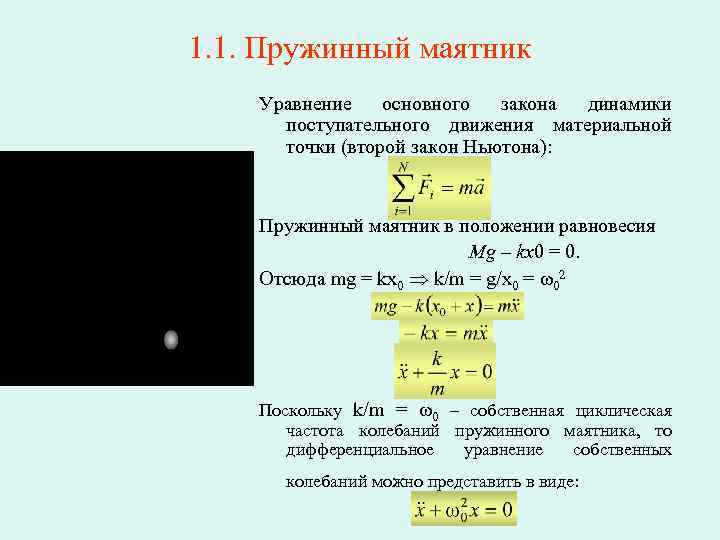 1. 1. Пружинный маятник Уравнение основного закона динамики поступательного движения материальной точки (второй закон