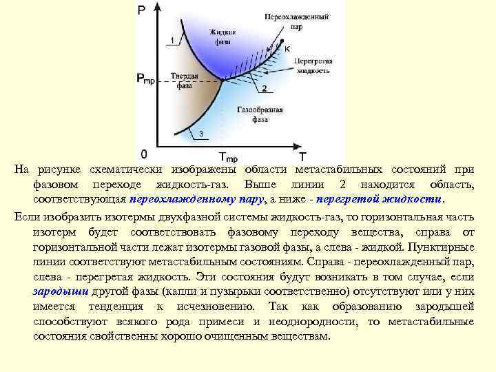 На рисунке схематически изображены области метастабильных состояний при фазовом переходе жидкость-газ. Выше линии 2
