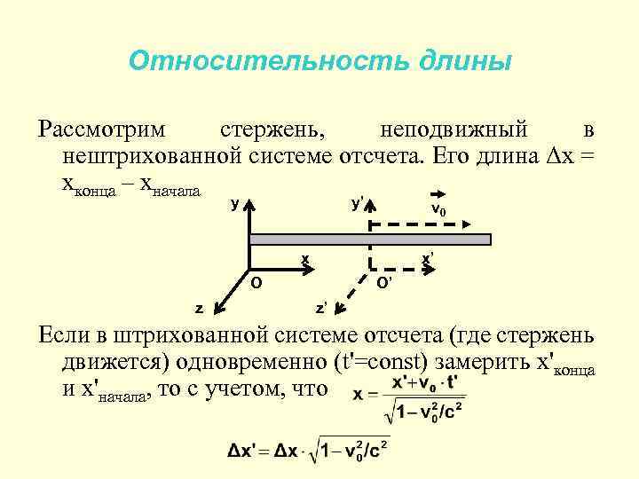 Относительность длины Рассмотрим стержень, неподвижный в нештрихованной системе отсчета. Его длина Δx = xконца