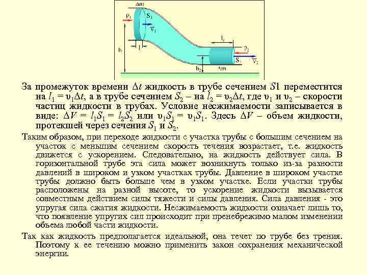За промежуток времени Δt жидкость в трубе сечением S 1 переместится на l 1