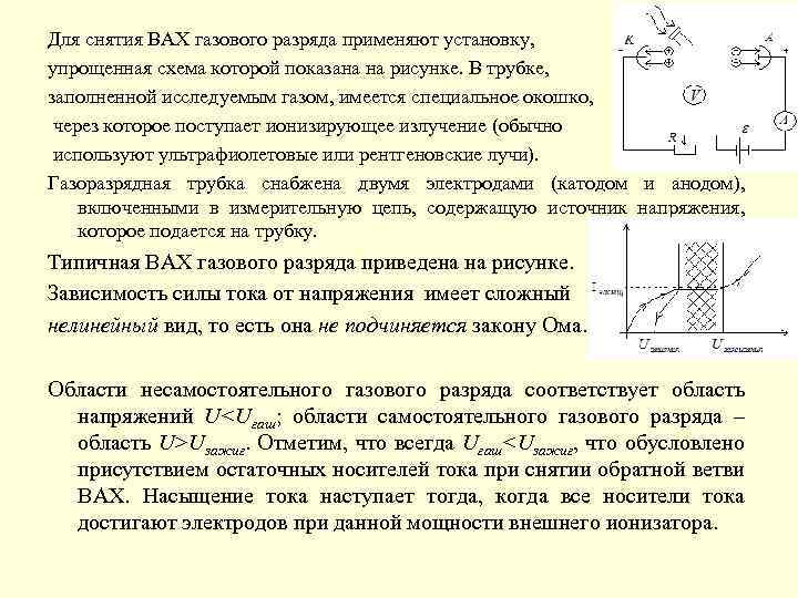 Для снятия ВАХ газового разряда применяют установку, упрощенная схема которой показана на рисунке. В