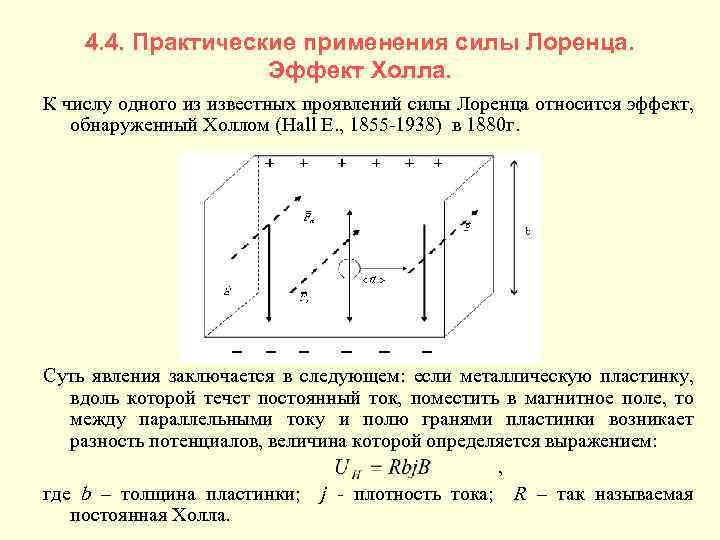 4. 4. Практические применения силы Лоренца. Эффект Холла. К числу одного из известных проявлений