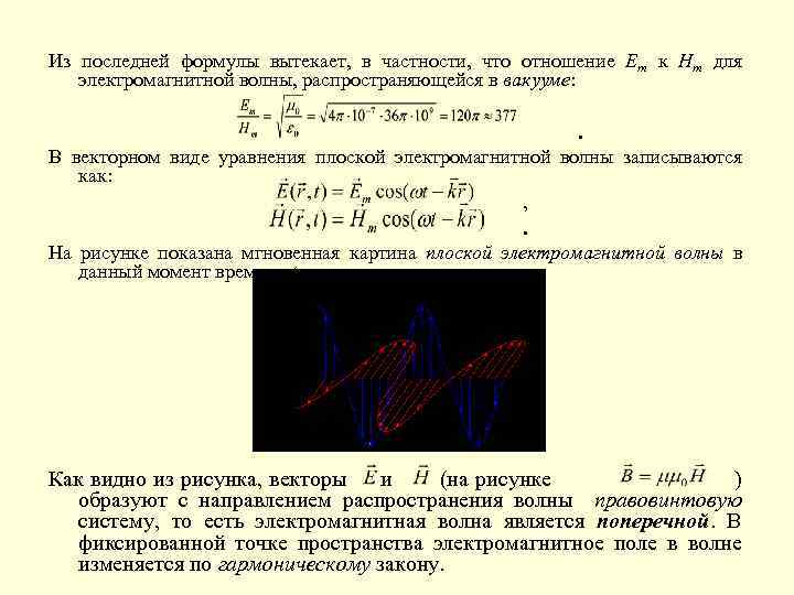 Из последней формулы вытекает, в частности, что отношение Em к Hm для электромагнитной волны,