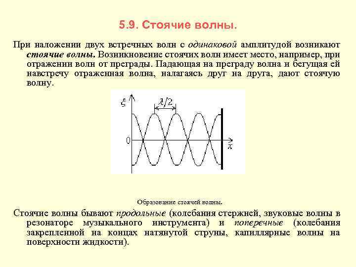 5. 9. Стоячие волны. При наложении двух встречных волн с одинаковой амплитудой возникают стоячие