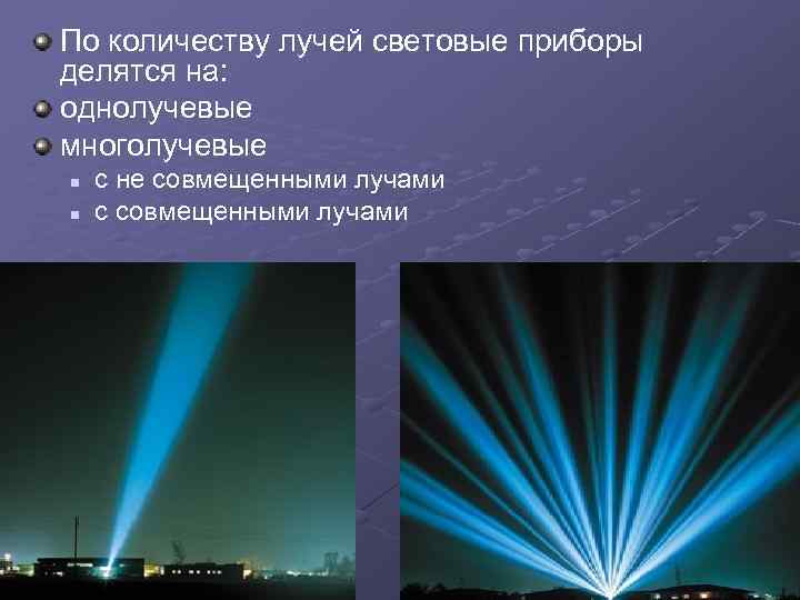 По количеству лучей световые приборы делятся на: однолучевые многолучевые n n с не совмещенными