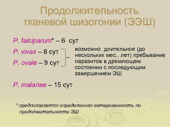 Продолжительность тканевой шизогонии (ЭЭШ) P. falciparum* – 6 сут P. vivax – 8 сут