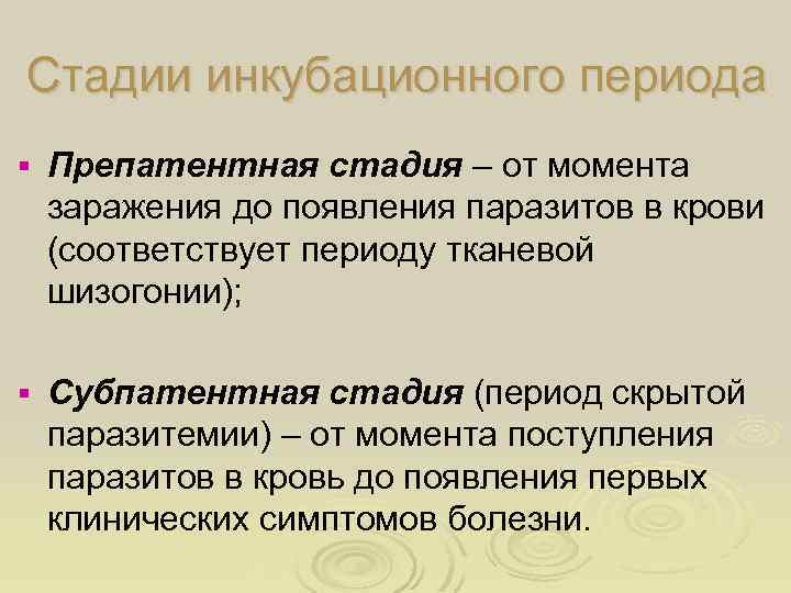 Стадии инкубационного периода § Препатентная стадия – от момента заражения до появления паразитов в