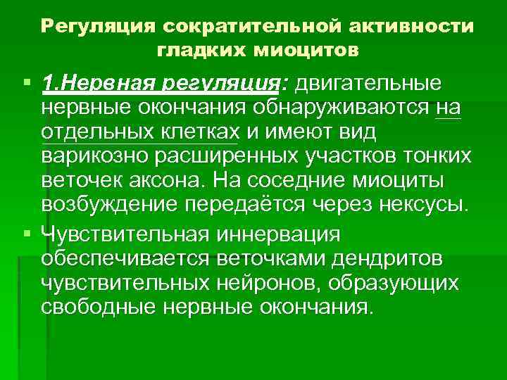 Регуляция сократительной активности гладких миоцитов § 1. Нервная регуляция: двигательные нервные окончания обнаруживаются на