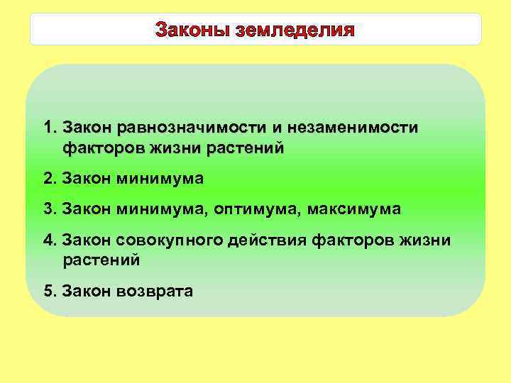 Законы земледелия 1. Закон равнозначимости и незаменимости факторов жизни растений 2. Закон минимума 3.