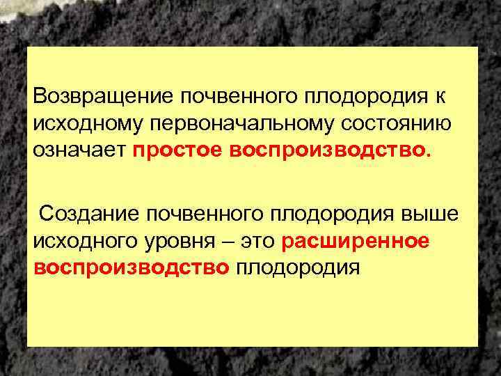 Возвращение почвенного плодородия к исходному первоначальному состоянию означает простое воспроизводство. Создание почвенного плодородия выше