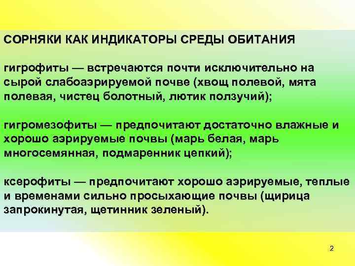СОРНЯКИ КАК ИНДИКАТОРЫ СРЕДЫ ОБИТАНИЯ гигрофиты — встречаются почти исключительно на сырой слабоаэрируемой почве