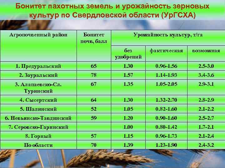 Бонитет пахотных земель и урожайность зерновых культур по Свердловской области (Ур. ГСХА) Агропочвенный район