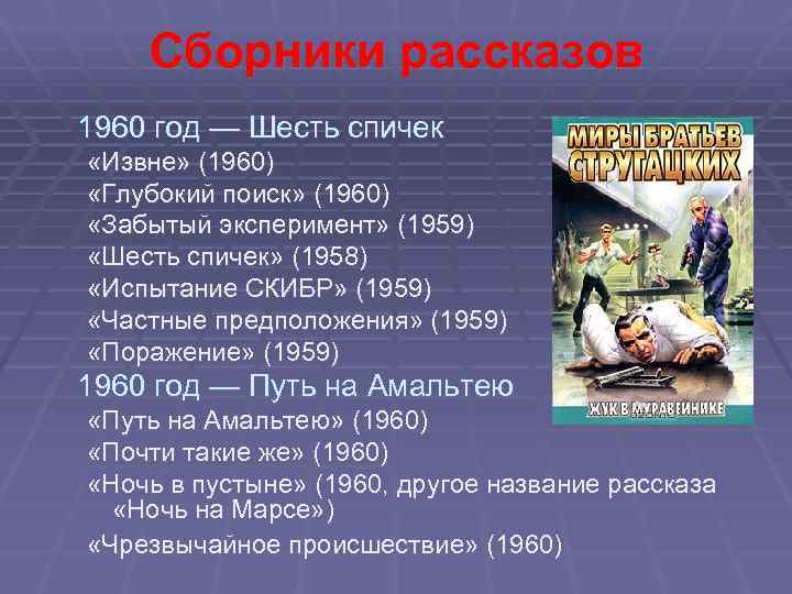 Сборники рассказов 1960 год — Шесть спичек «Извне» (1960) «Глубокий поиск» (1960) «Забытый эксперимент»