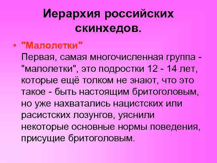 Иерархия российских скинхедов. • "Малолетки" Первая, самая многочисленная группа - "малолетки", это подростки 12