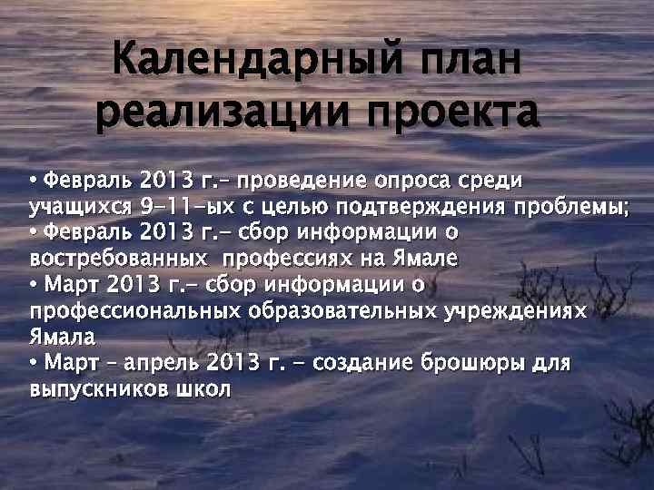 Календарный план реализации проекта • Февраль 2013 г. – проведение опроса среди учащихся 9