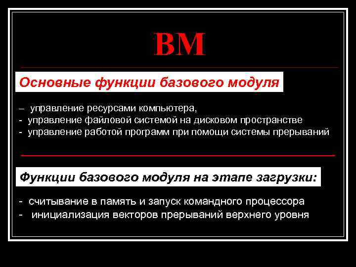 BM Основные функции базового модуля – управление ресурсами компьютера, - управление файловой системой на