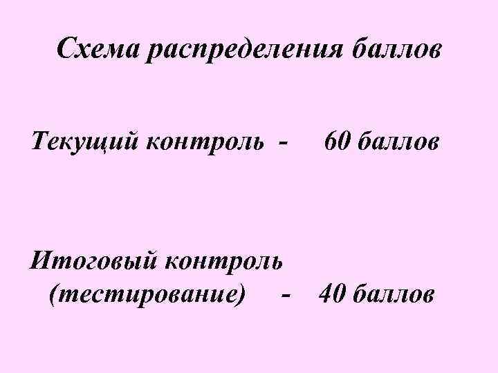 Схема распределения баллов Текущий контроль - 60 баллов Итоговый контроль (тестирование) - 40 баллов