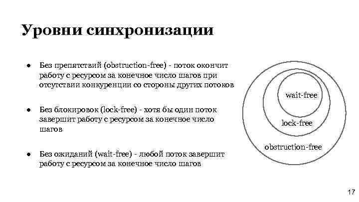 Уровни синхронизации ● Без препятствий (obstruction-free) - поток окончит работу с ресурсом за конечное