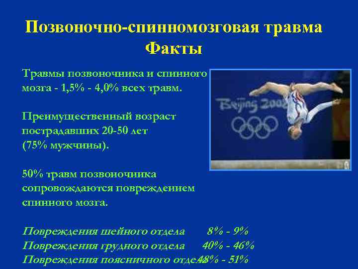 Позвоночно-спинномозговая травма Факты Травмы позвоночника и спинного мозга - 1, 5% - 4, 0%