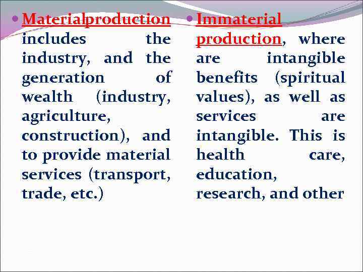  Materialproduction Immaterial includes the production, where industry, and the are intangible generation of