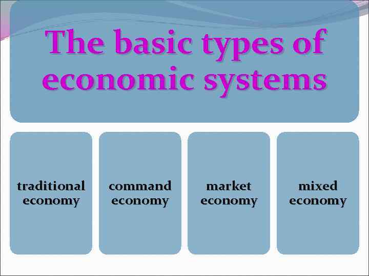 The basic types of economic systems traditional economy command economy market economy mixed economy