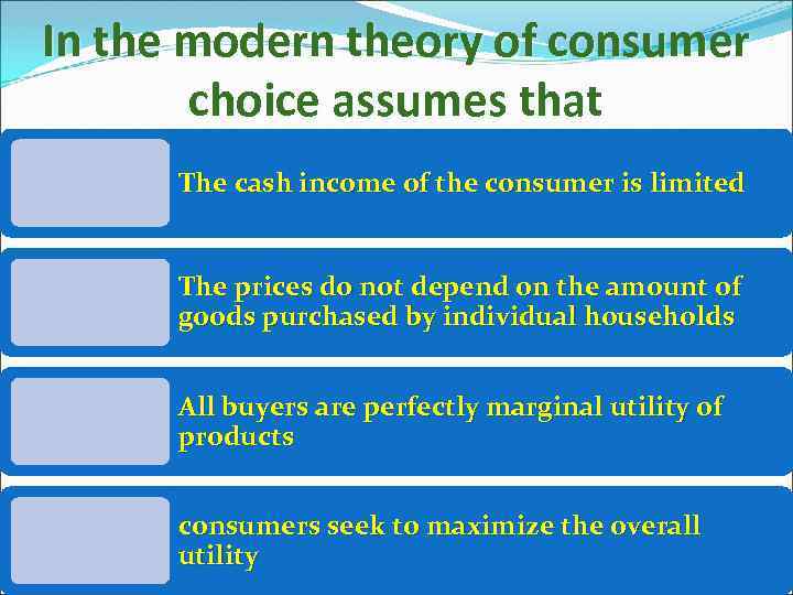 In the modern theory of consumer choice assumes that The cash income of the