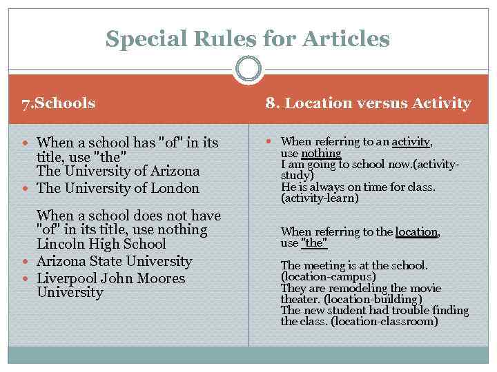 Special Rules for Articles 7. Schools 8. Location versus Activity When a school has