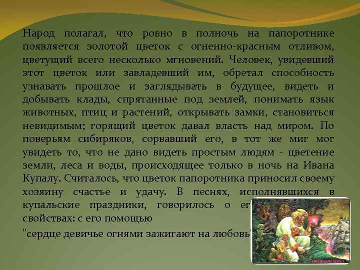 Народ полагал, что ровно в полночь на папоротнике появляется золотой цветок с огненно-красным отливом,