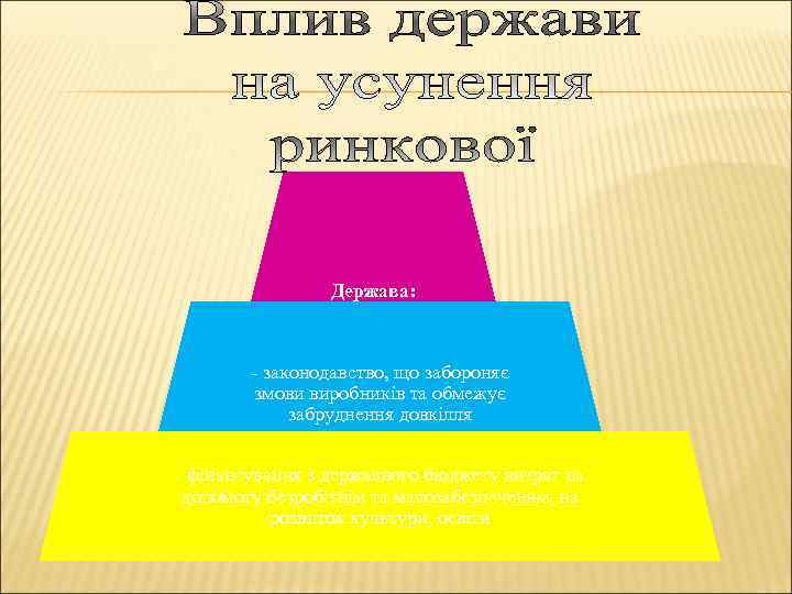 Держава: - законодавство, що забороняє змови виробників та обмежує забруднення довкілля - фінансування з