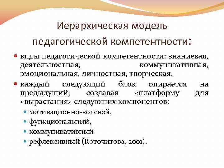 Иерархическая модель педагогической компетентности: виды педагогической компетентности: знаниевая, деятельностная, коммуникативная, эмоциональная, личностная, творческая. каждый