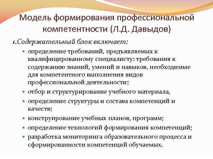 Модель формирования профессиональной компетентности (Л. Д. Давыдов) 1. Содержательный блок включает: определение требований, предъявляемых