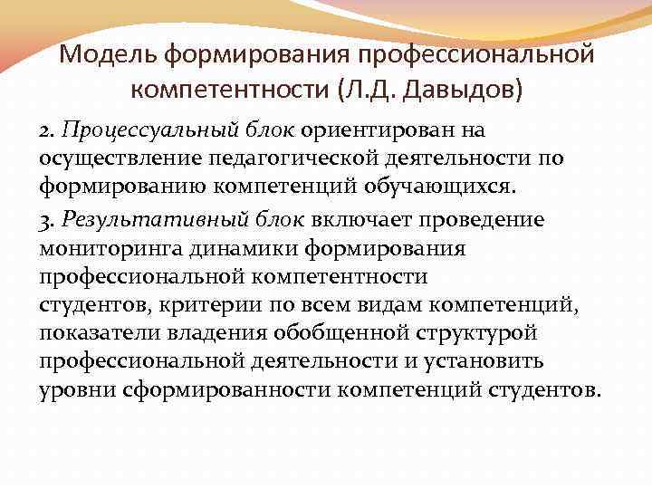 Модель формирования профессиональной компетентности (Л. Д. Давыдов) 2. Процессуальный блок ориентирован на осуществление педагогической