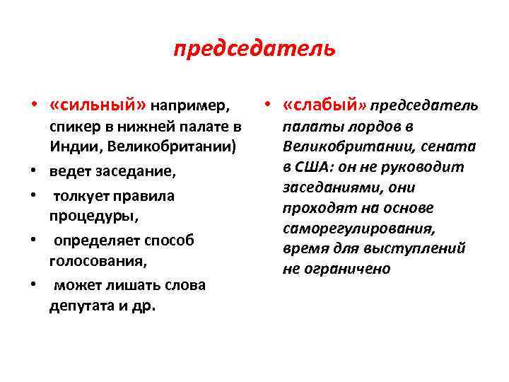 председатель • «сильный» например, • • спикер в нижней палате в Индии, Великобритании) ведет