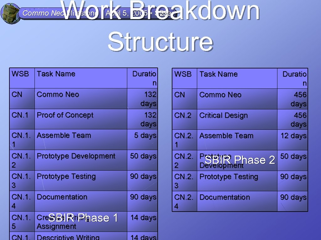 Work Breakdown Structure Commo Neo Milestone • April 5, 2005 • Slide 29 WSB