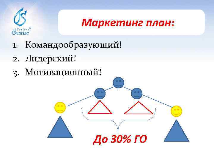 Маркетинг план: 1. Командообразующий! 2. Лидерский! 3. Мотивационный! До 30% ГО 