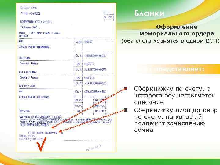 Бланки Оформление мемориального ордера (оба счета хранятся в одном ВСП) Клиент представляет: n n
