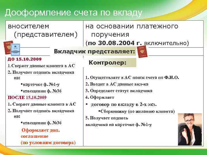 Дооформление счета по вкладу вносителем (представителем) на основании платежного поручения (по 30. 08. 2004