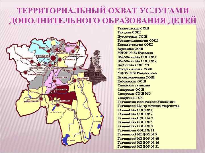 ТЕРРИТОРИАЛЬНЫЙ ОХВАТ УСЛУГАМИ ДОПОЛНИТЕЛЬНОГО ОБРАЗОВАНИЯ ДЕТЕЙ Терволовская СОШ Таицкая СОШ Пудостьская СОШ Большеколпанская СОШ