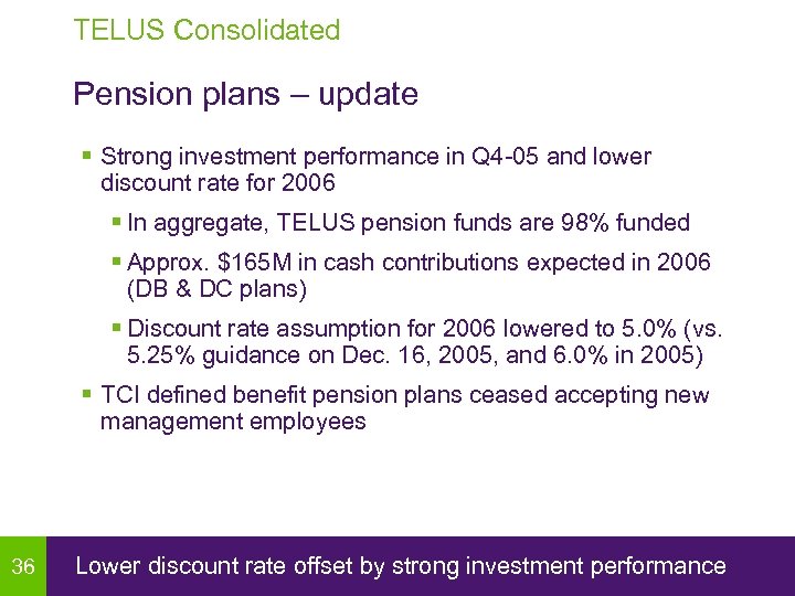 TELUS Consolidated Pension plans – update § Strong investment performance in Q 4 -05
