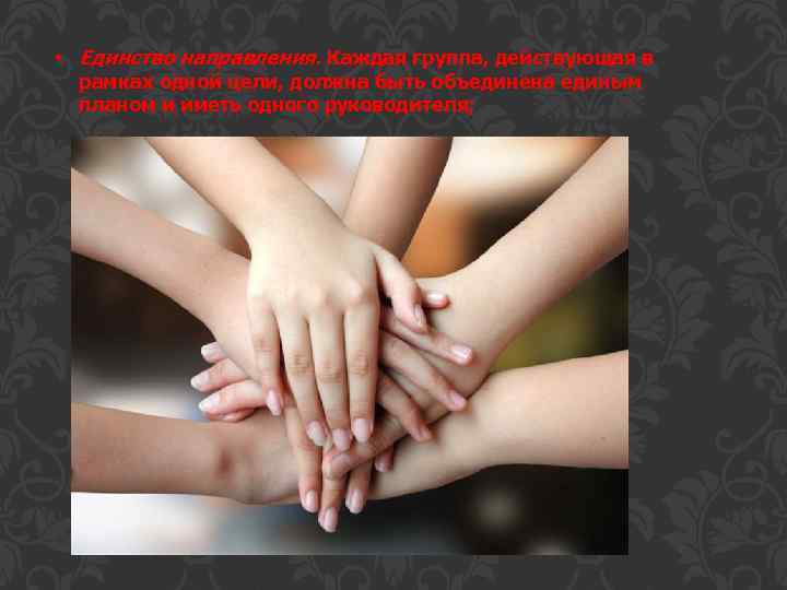  • Единство направления. Каждая группа, действующая в рамках одной цели, должна быть объединена