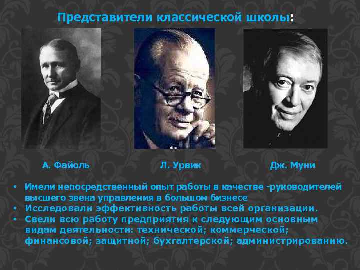 Представители классической школы: А. Файоль Л. Урвик Дж. Муни • Имели непосредственный опыт работы
