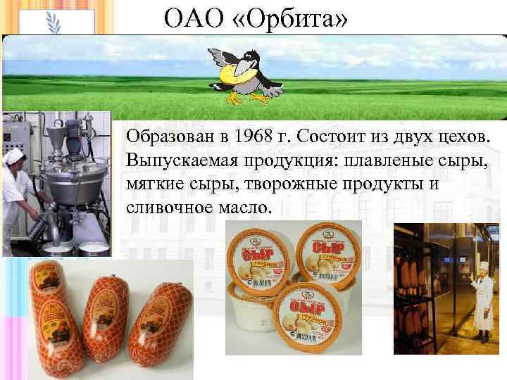 ОАО «Орбита» Образован в 1968 г. Состоит из двух цехов. Выпускаемая продукция: плавленые сыры,