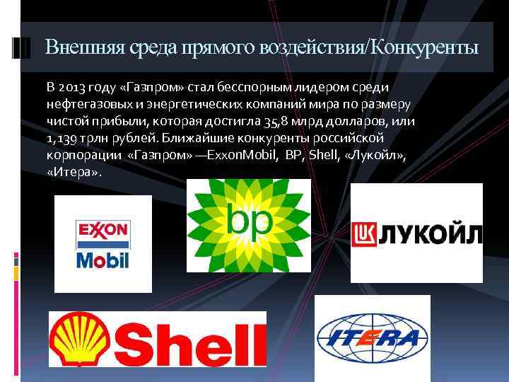 Внешняя среда прямого воздействия/Конкуренты В 2013 году «Газпром» стал бесспорным лидером среди нефтегазовых и