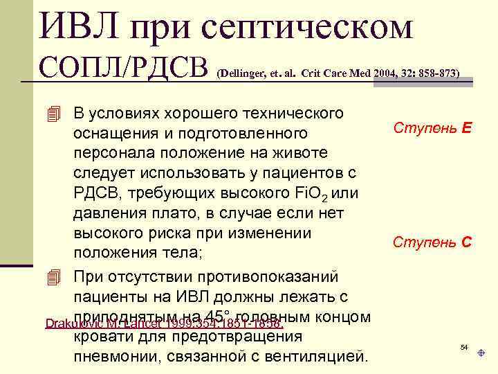 ИВЛ при септическом СОПЛ/РДСВ (Dellinger, et. al. Crit Care Med 2004, 32: 858 -873)